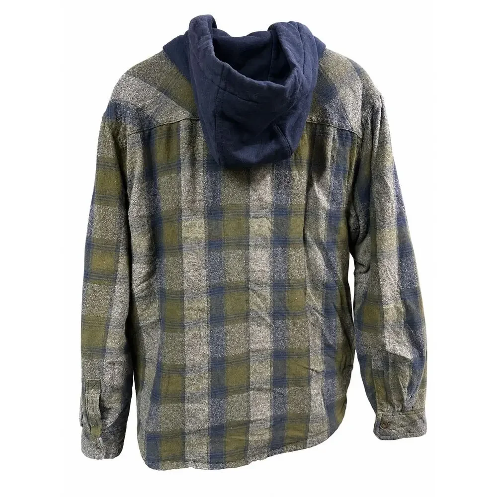 Legendary Outfitters Hooded Plaid Flannel Shirt Jacket Green Gray Grunge Shacket
